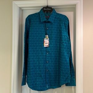 Robert Graham Large Teal Blue Peacock Mens Shirt Button Down NWT $188